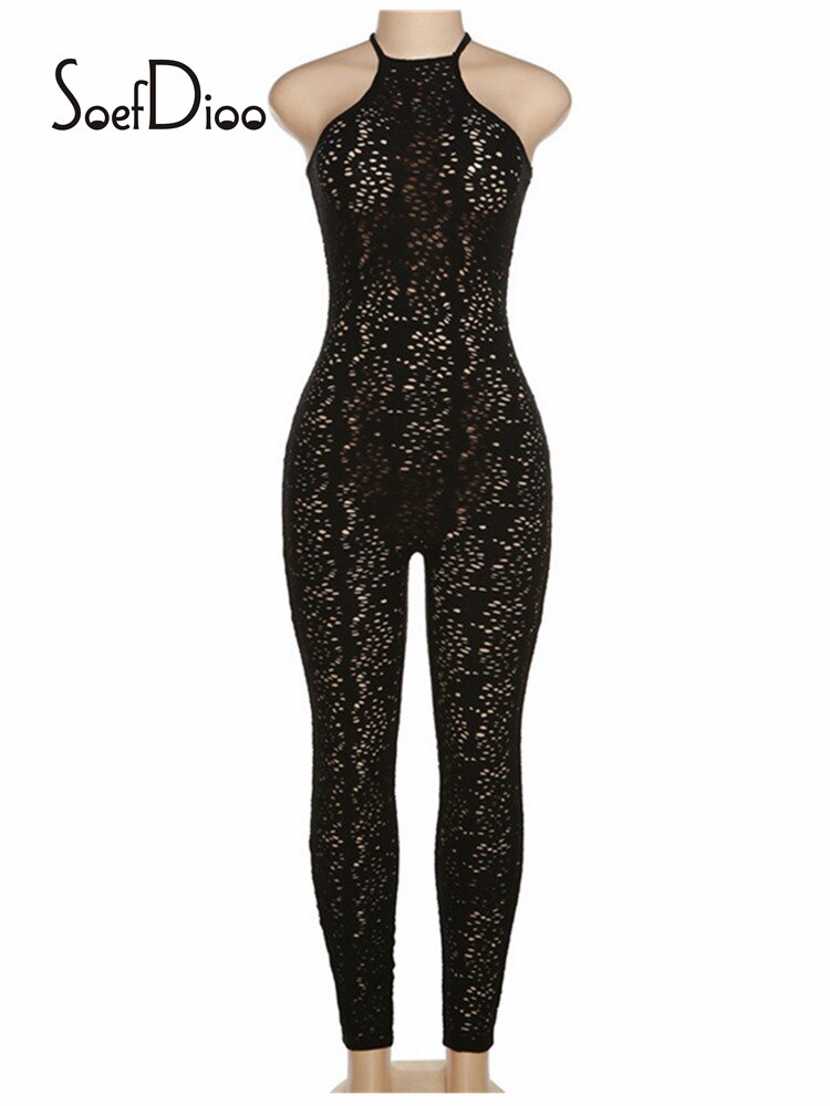 Soefdioo Halter Mesh Hollow Out Bodycon Romper Women Jumpsuits Summer 2022 Sexy Backless Balck Jump Suit Fashion Sportswear