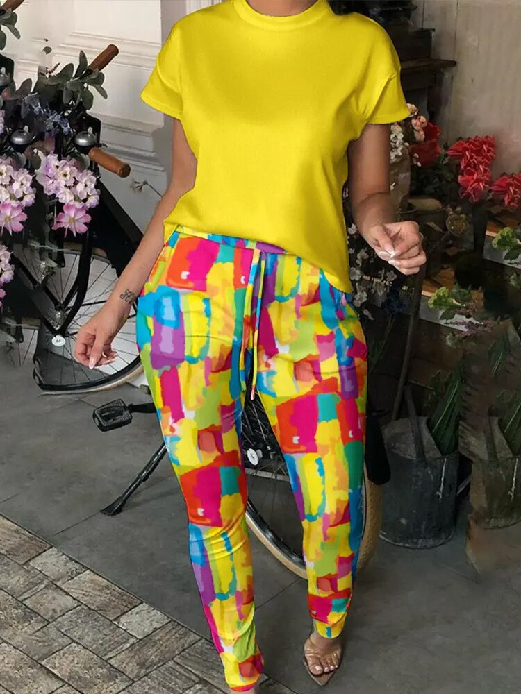 Summer Women Fashion Short Sleeve Two Piece Suit Sets Round Neck Ribbed Contrast Mesh Top &amp; Drawstring Pants Set