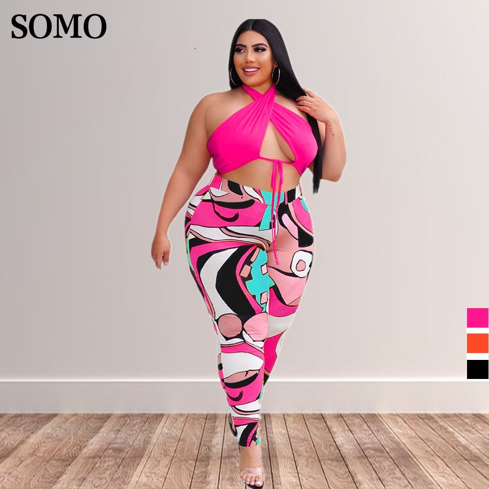 5xl Summer Outfits Sexy Lace Up Top Print Sweatpants Hollow Out Plus Size Two Piece Sets Women Clothing Wholesale Dropshipping