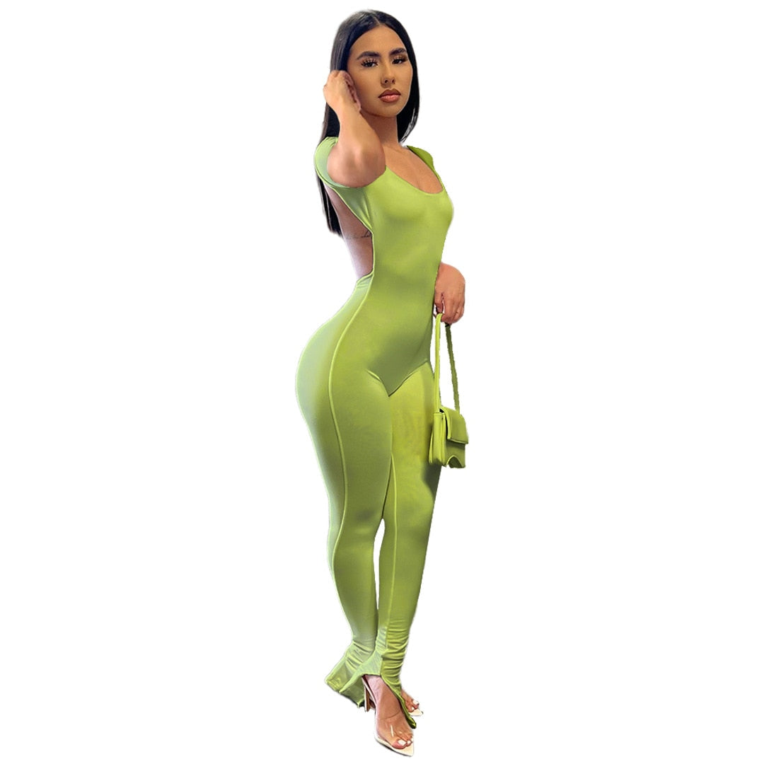 Echoine 2022 Women New Solid Backless Slit Flared Long Pants  bodysuits Short Sleeve Jumpsuits Fasion Sexy Club Party overalls
