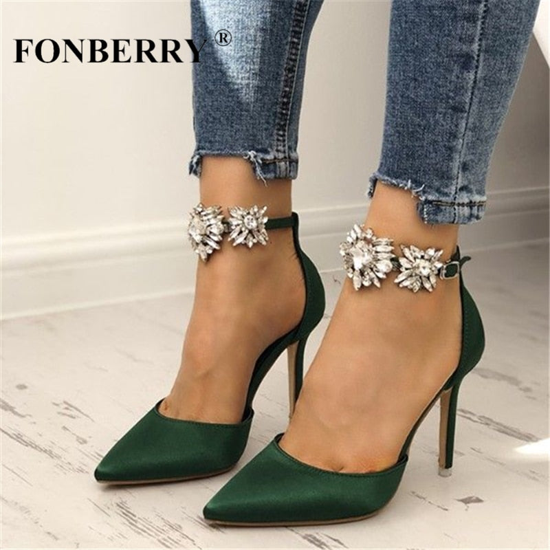 FONBERRY Pink Satin Rhinestone High Heels Bridal Wedding Shoes Women 2022 Pointed Toe Stiletto Crystal Ladies Party Pumps
