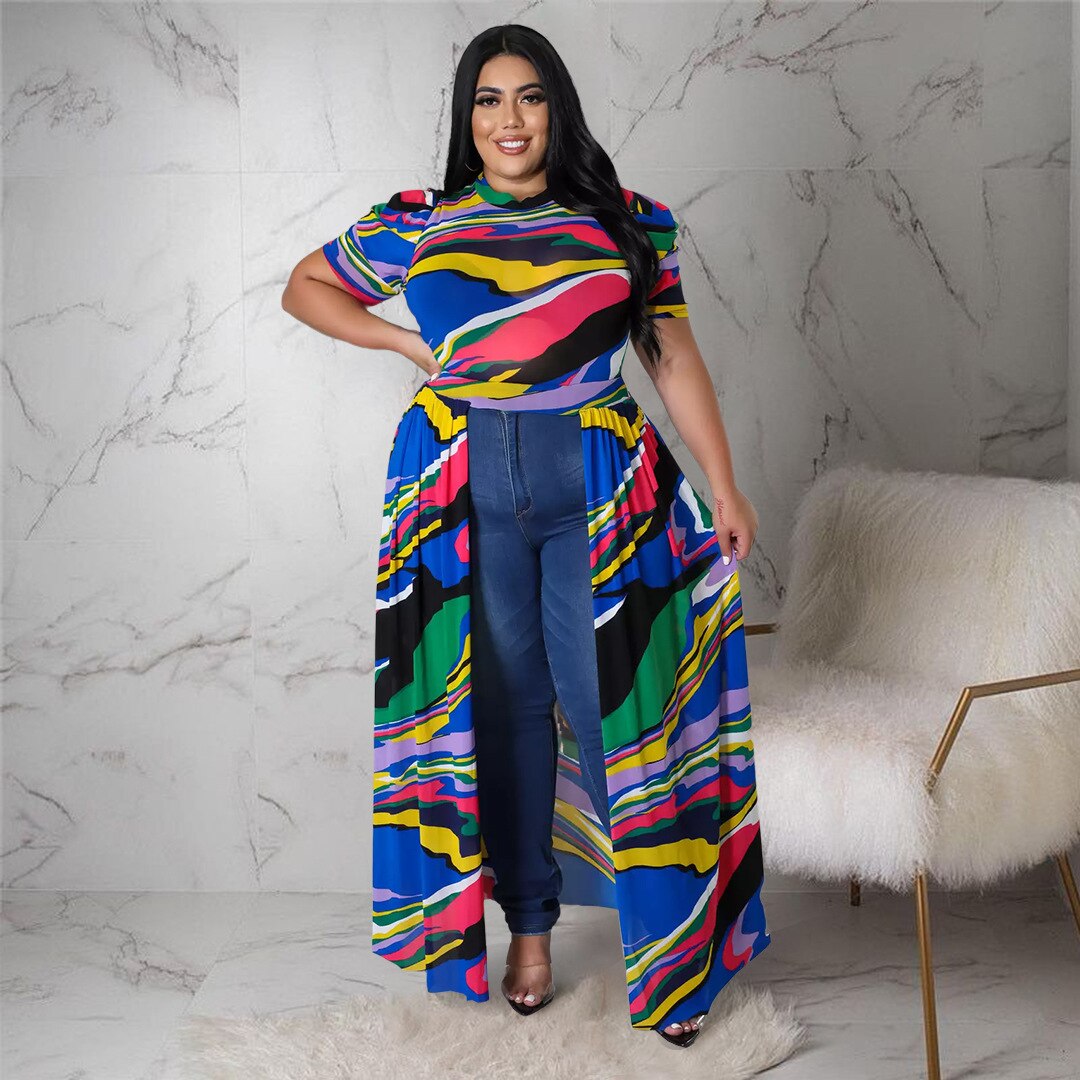 Plus Size Women Elegant Dress Printed Short Sleeve Shirt Summer Mesh Perspective Split Hollow Long Skirt Beach Vacation Clothing