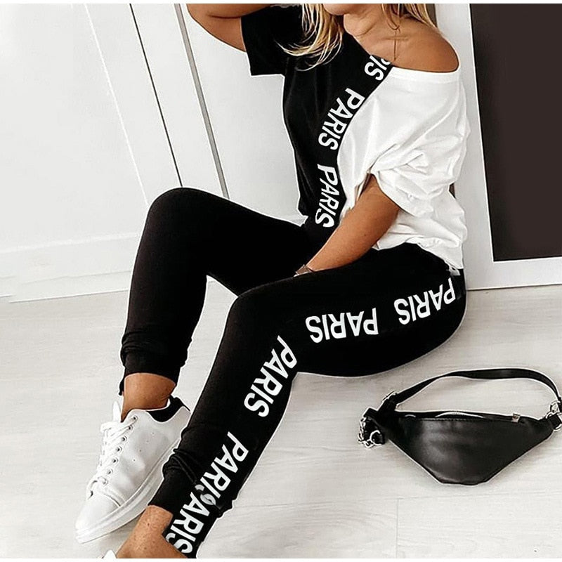 Off Shoulder Tracksuit Women Two Piece Set Summer Clothes Letter Print Colorblock Tshirt Top and Pants Suit Women's Sets Outfits