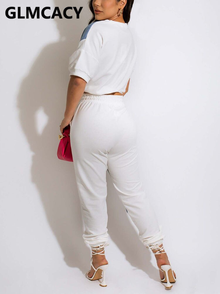 Women Two Piece Colorblock Denim Patchwork Suits Short Sleeve Crop Top &amp; Slim Pants Set