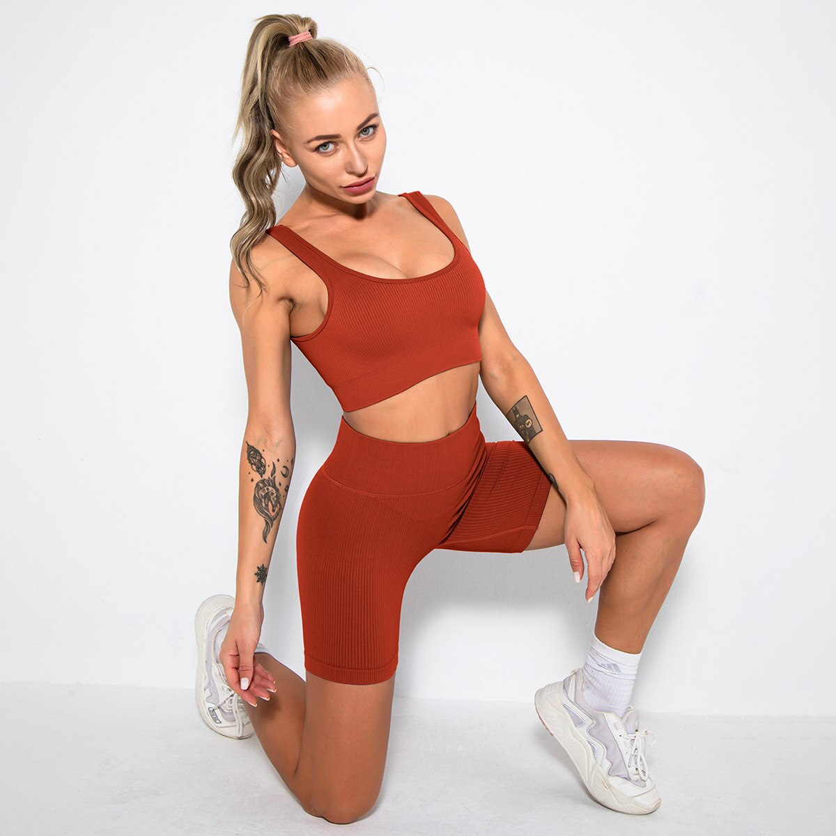 LANSWE Seamless Women Yoga Set Sportswear Gym Clothing Sport Set Women High Waist Seamless Leggings Fitness Sport Bra Crop Top