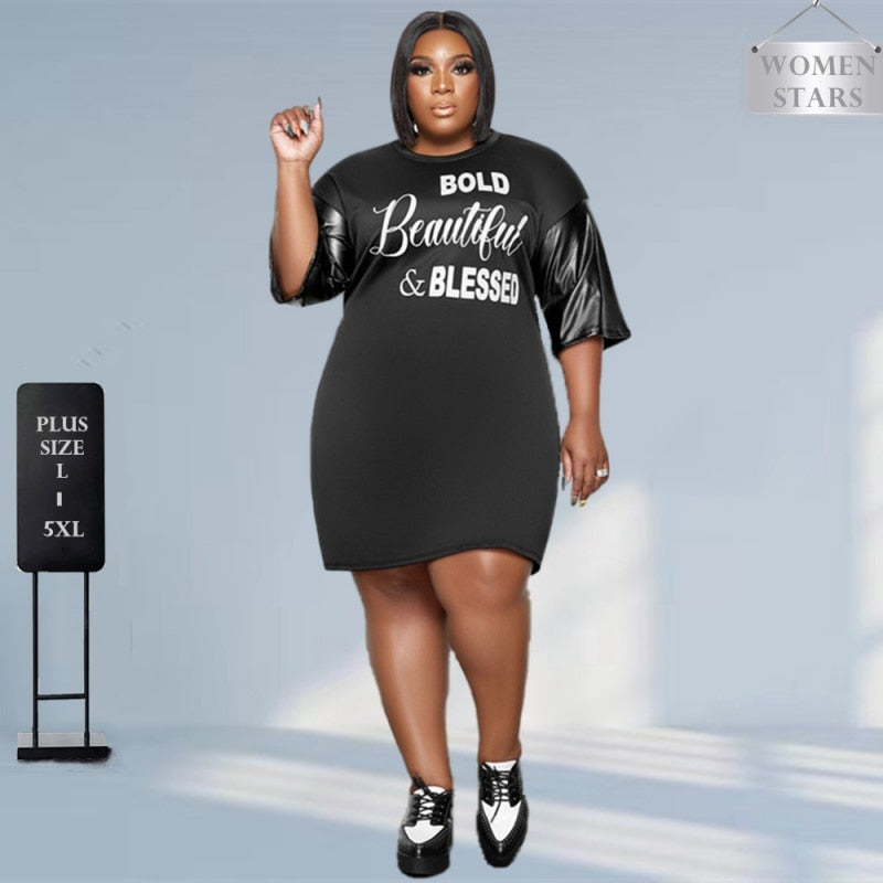 Plus Size Women's Clothing Dresses for Women Letter Print O Neck Loose Fashion Mini Dress 5xl Women 2022 Wholesale Drop Ship