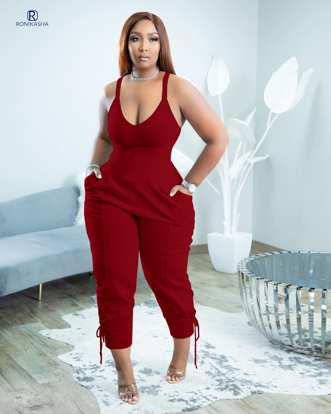 Ronikasha Jumpsuits for Women Sleeveless V Neck Zip Back Lace Up Tank Long Romper One Piece Set