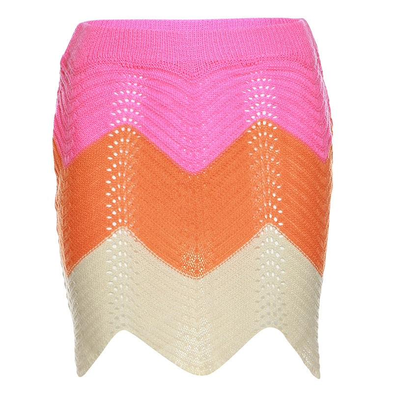 Echoine Pink Patchwork Polo Button Neck Knitted Tops Sweater Mini Skirt Two Piece Set Fashion party Clubwear Outfits Summer 2022