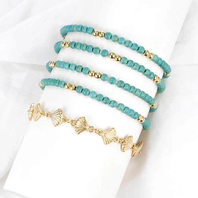 docona Boho Handmade Shell Seed Beads Anklet Set for Women Multilayer Broken Stones Summer Ocean Beach Foot Chains Jewelry 9426