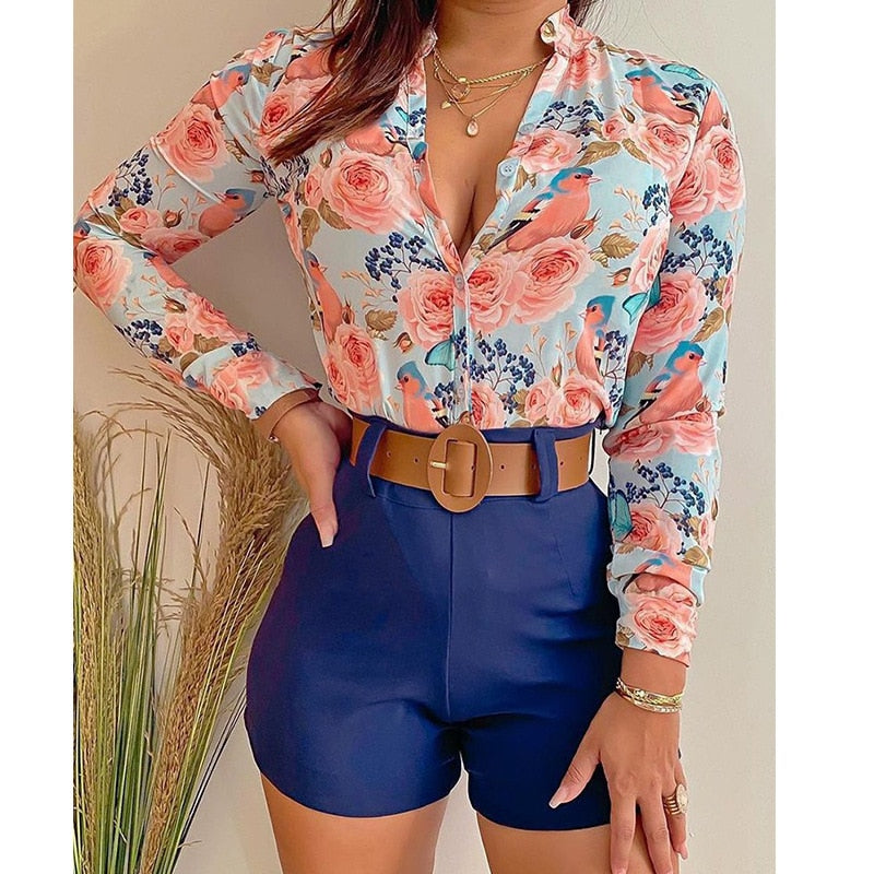 2022 Women's Suit Summer Tracksuit Shorts Sets Two Piece Sets Women Outifits Long Sleeve Sexy Print Blouses Women No Belt