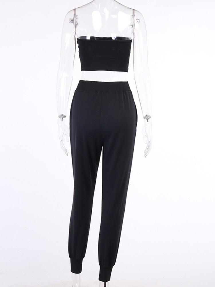 SRUBY Winter Diamond Two Piece Set Crop Top And Tracksuit Joggers 2 Piece Pants Set Rhinestones Jogging Long Suits Women Sweater
