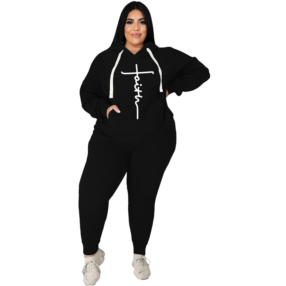 Trendy Tracksuit Sets Plus Size Women Clothing 2 Piece Sets Fashion Pocket Sweatshirt Print Stretch Sports Pants Suits Wholesale