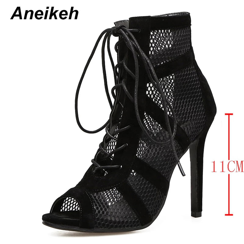 Aneikeh 2022 Fashion Basic Sandals Boots Women High Heels Pumps Sexy Hollow Out Mesh Lace-Up Cross-tied Boots Party Shoes Party