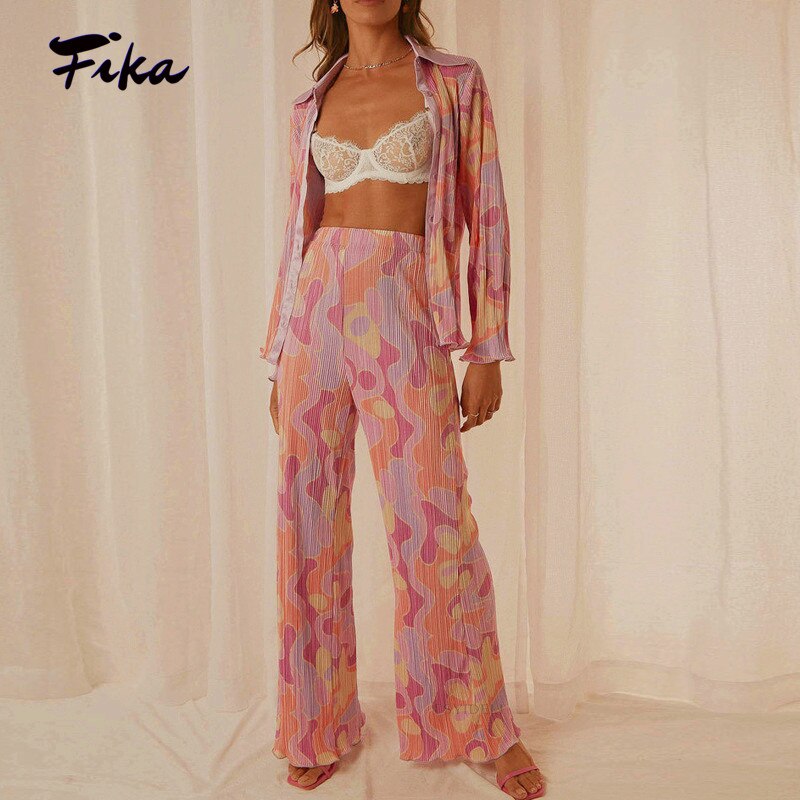 Women's Pleated Set Floral Elegant Casual Long Sleeve Blouses with High Waist Pants Set Female Loose Shirts Two Piece Pant Set