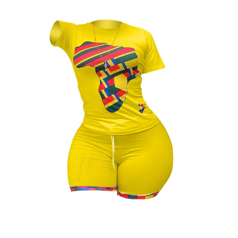 Summer 2 Piece Matching Set Women Tracksuit Map Print Short Sleeve Slim Fit Top Bodycon Short Sweat Suit Lounge Wear Outfits