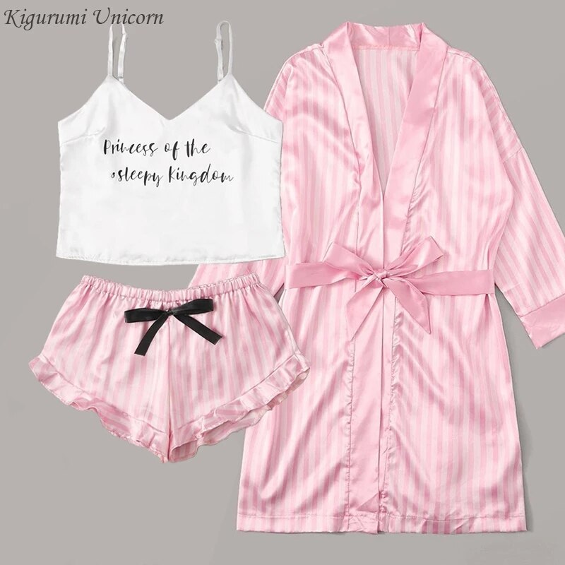 2022 New Robe Sets Pijamas Women Faux Silk Pajamas for Women Sexy Lace Hot V-neck Sleep wear Satin Summer Clothing Sets Homewear