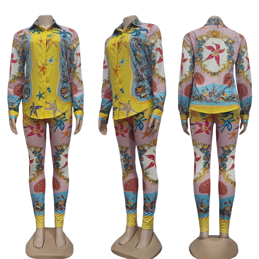 FAGADOER Women Starfish Pattern Print Two Piece Sets New Turndown Collar Button Shirt And Skinny Pants Outfit Fashion Streetwear