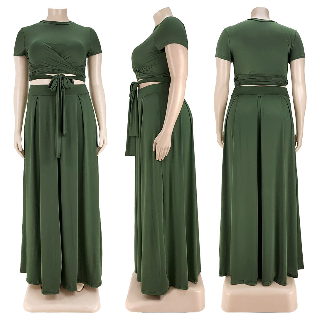 Sexy Streetwear Women's Set  Lace Up Knotted Crop Tops Maxi Skirts Matching Set Tracksuit Two Piece Set Outfits