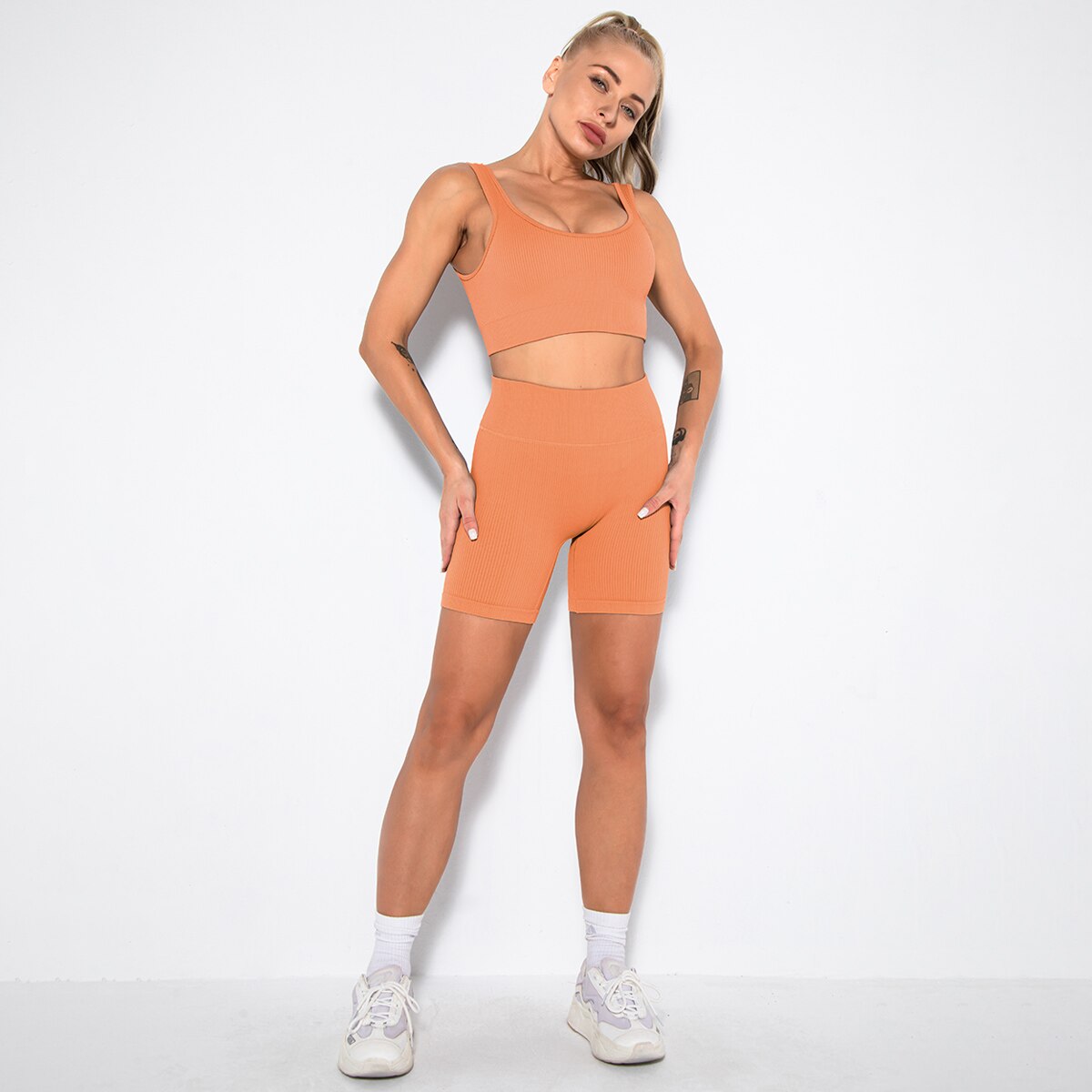 LANSWE Seamless Women Yoga Set Sportswear Gym Clothing Sport Set Women High Waist Seamless Leggings Fitness Sport Bra Crop Top