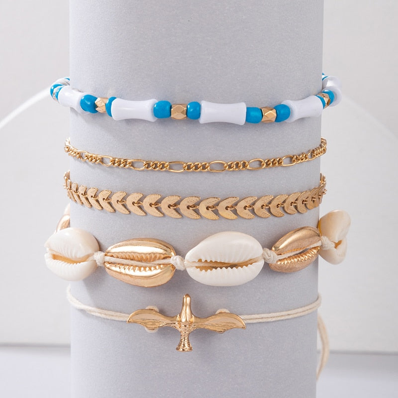 docona Boho Handmade Shell Seed Beads Anklet Set for Women Multilayer Broken Stones Summer Ocean Beach Foot Chains Jewelry 9426