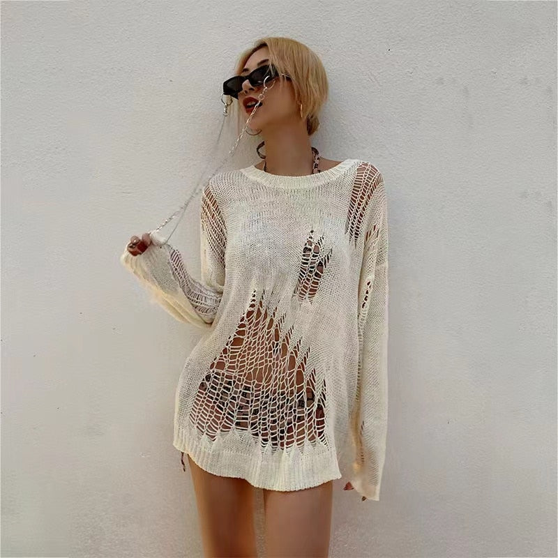 Women's Clothing In Spring And Summer Bask Hollow-out Sweater Long-sleeved Thin Sets With Pure Color Hole Coat INS Tide