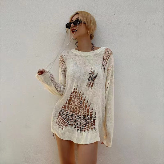 Women's Clothing In Spring And Summer Bask Hollow-out Sweater Long-sleeved Thin Sets With Pure Color Hole Coat INS Tide