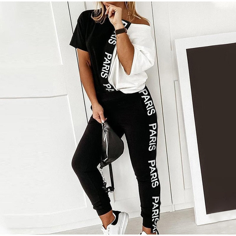Off Shoulder Tracksuit Women Two Piece Set Summer Clothes Letter Print Colorblock Tshirt Top and Pants Suit Women's Sets Outfits