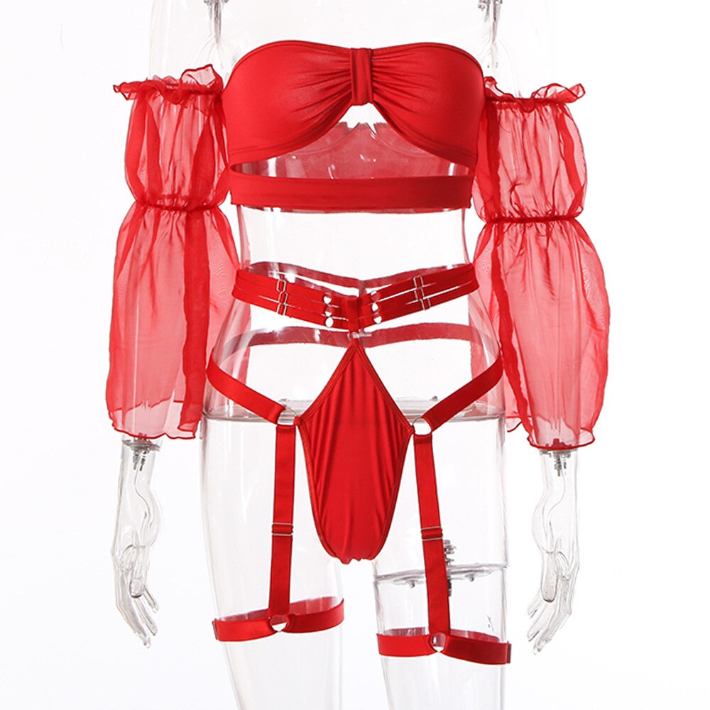 MIRABELLE Set Woman 4 Pieces Push Up Bra Erotic Sets Sensual Bandeau Lingerie with Sleeves Lace Underwear Garters Red Outfits