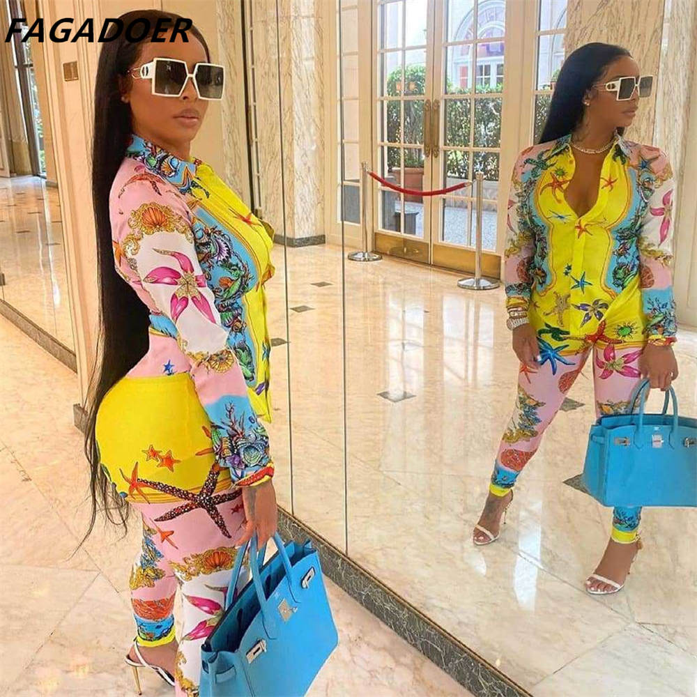 FAGADOER Women Starfish Pattern Print Two Piece Sets New Turndown Collar Button Shirt And Skinny Pants Outfit Fashion Streetwear