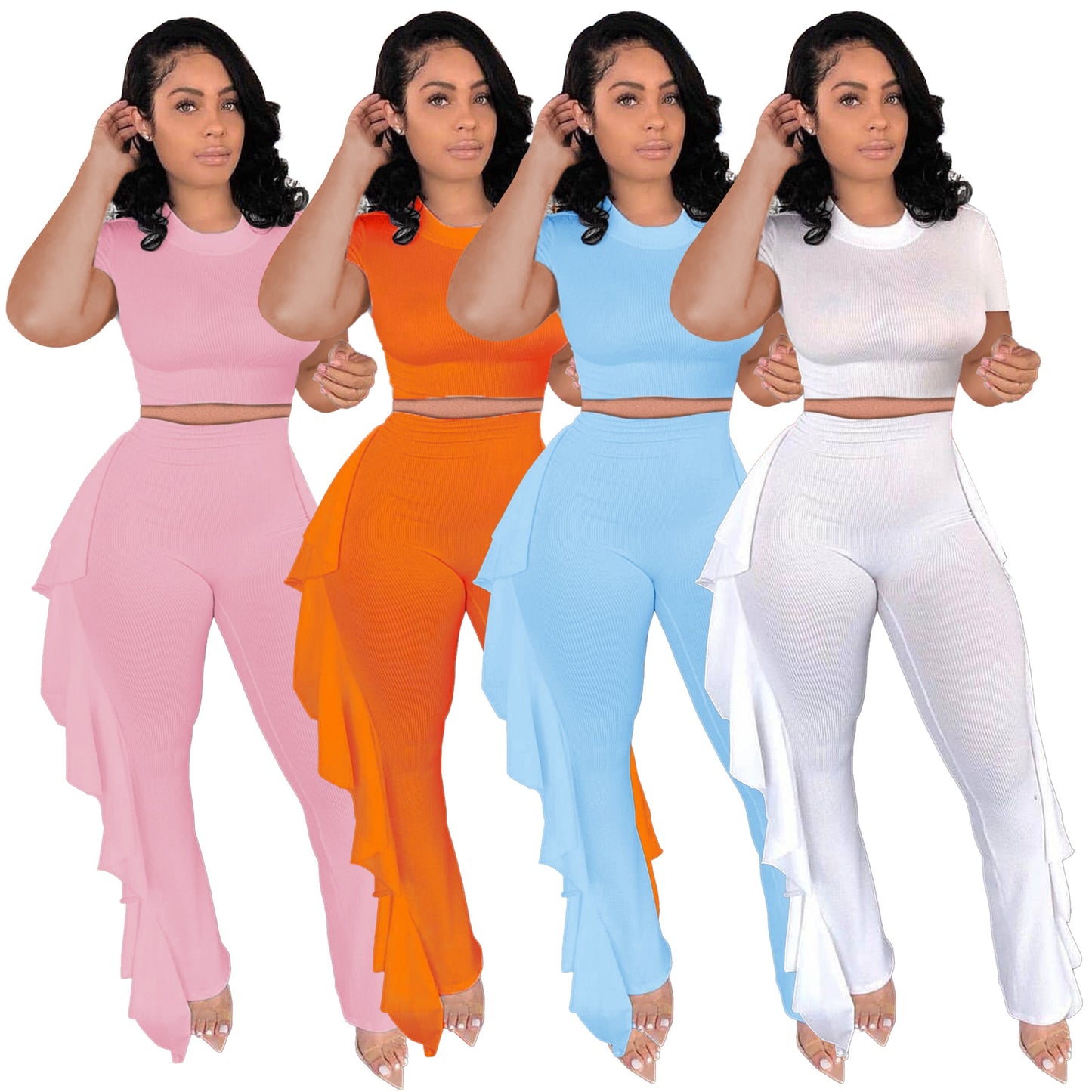 Lounge wear Solid Tracksuit Women Summer O Neck Short Sleeve Crop Top + Ruffles Pants Slim Two Piece Set Outfits Streetwear