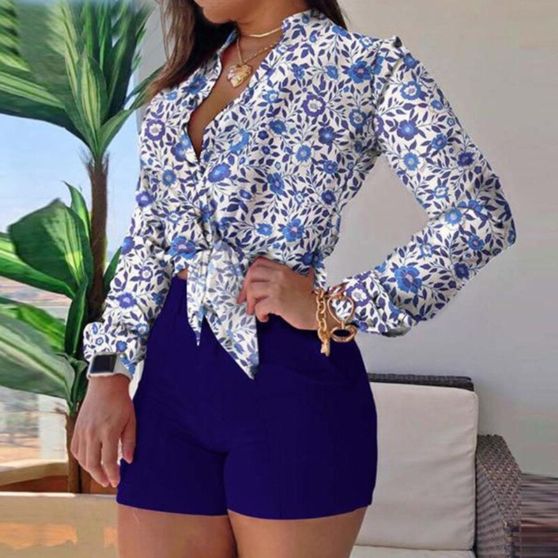2022 Women's Suit Summer Tracksuit Shorts Sets Two Piece Sets Women Outifits Long Sleeve Sexy Print Blouses Women No Belt