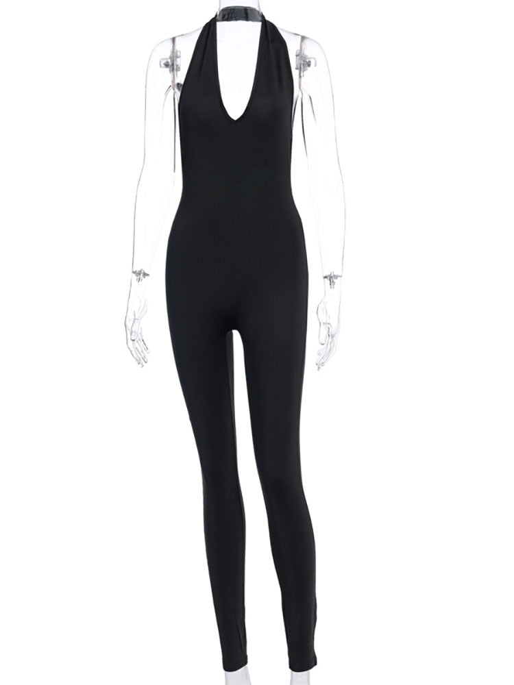 Simenual Solid Bodycon Halter Women Long Jumpsuits Skinny Backless Sleeveless Workout Overalls Sportswear Fashion Basic Jumpsuit