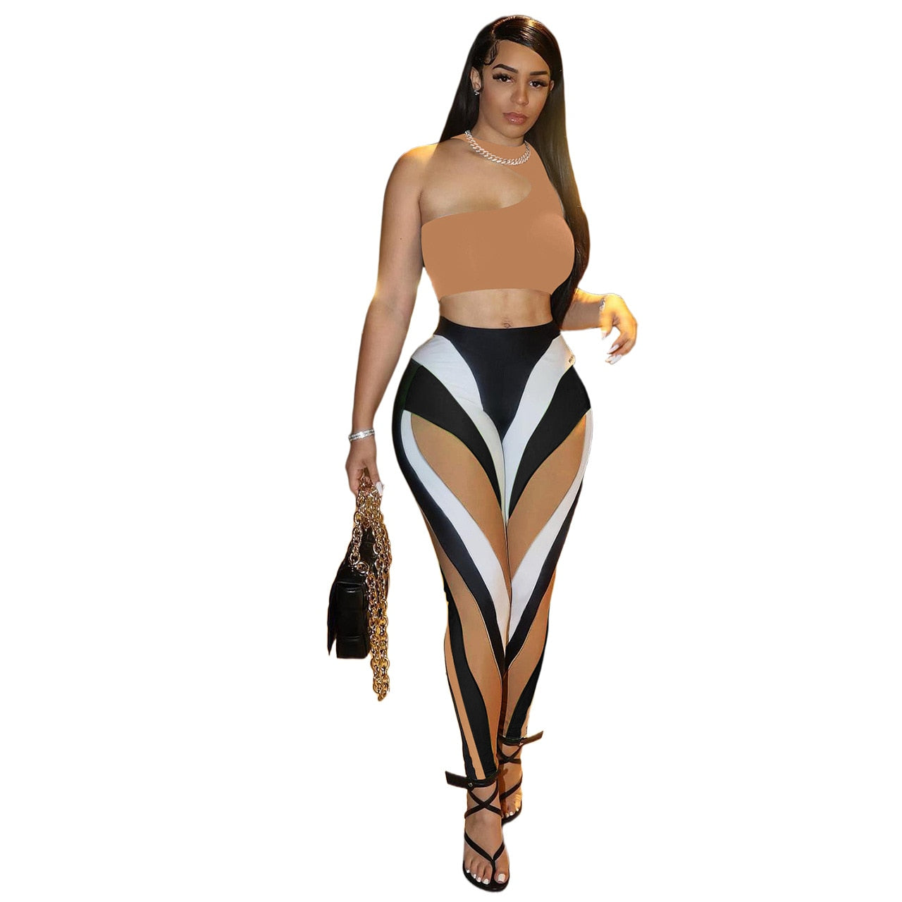 Color Block Summer 2 Piece Set Outfits Sexy One Shoulder Sleeveless Crop Top + Push Up Leggings Skinny Club Matching Set Sport