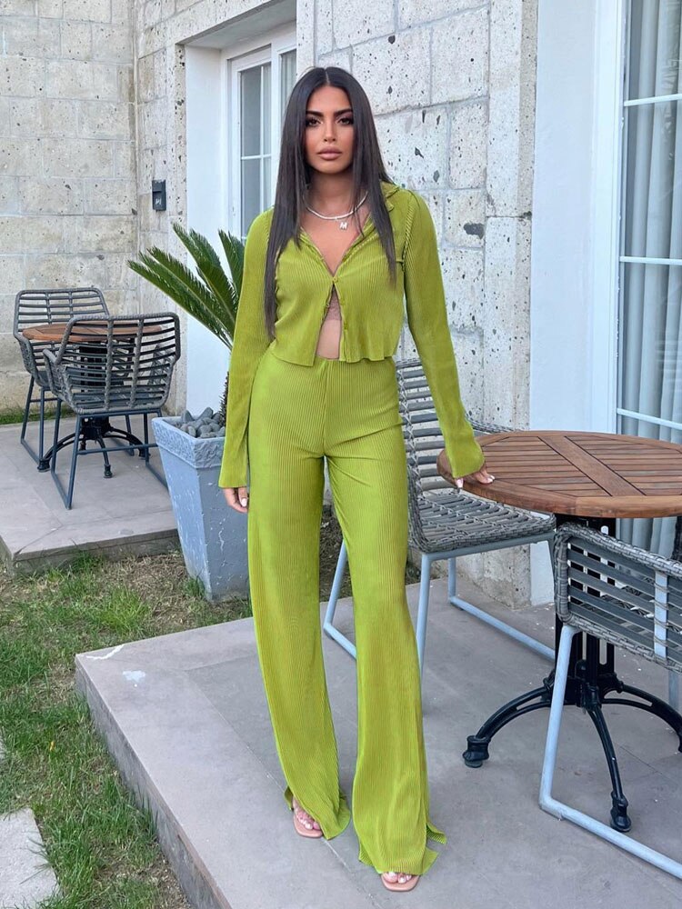 Women Pleated Sets Long Sleeve Blouse Two Piece Sets Casual Outifits Tracksuit Green Loose High Waist Wide Leg Pants Suits 2022