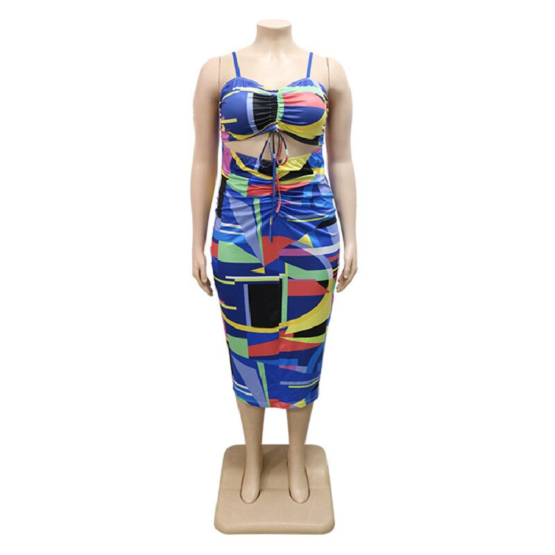 Sexy Plus Size Cut Out Colorful Sleeveless Color Bag Hip Dress Drawstring Design Fashion Women Clothing