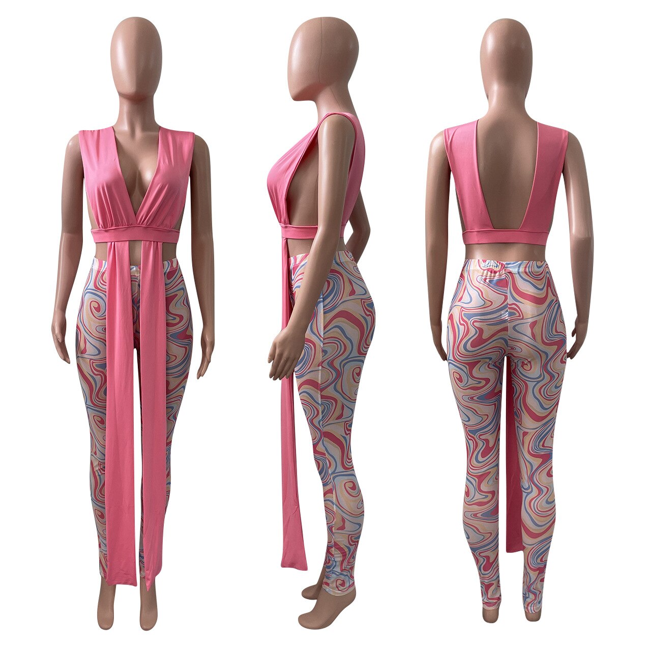 Sexy Strap Crop Top 2 Piece Sets Women Printed Mesh Long Pants and Sleeveless Backless Crop Top Summer Party Night Clubwear 2022
