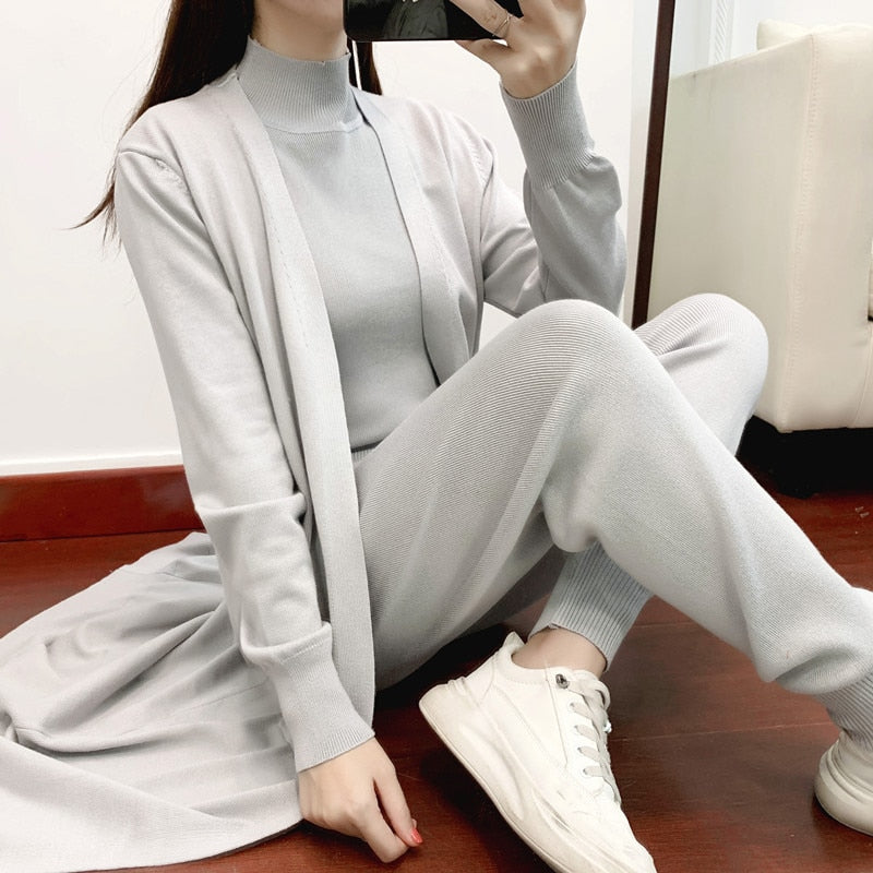 Women Sweater 3 Piece Set Tracksuit 2022 spring Autumn Long Cardigan Coat + Half Turtleneck Vest + Pants Knitted Suits Outfits