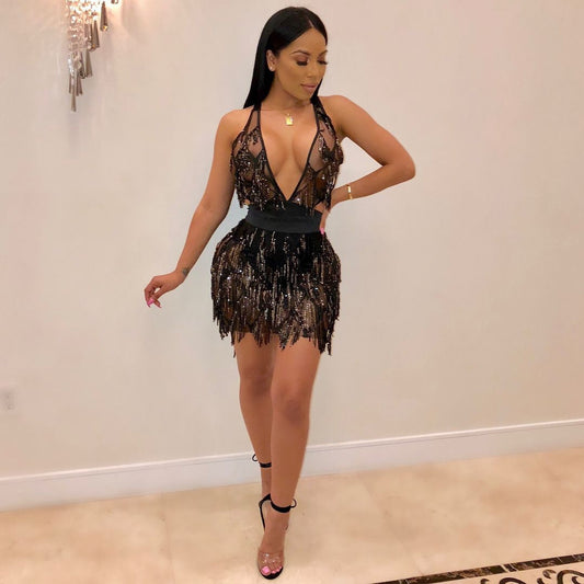 Cutubly Crop Tops And Skirt Sets Sequin Two Piece Sets Skirts Outfits Sexy Backless Nightclub Bandage Dress Sets Lady Girls New
