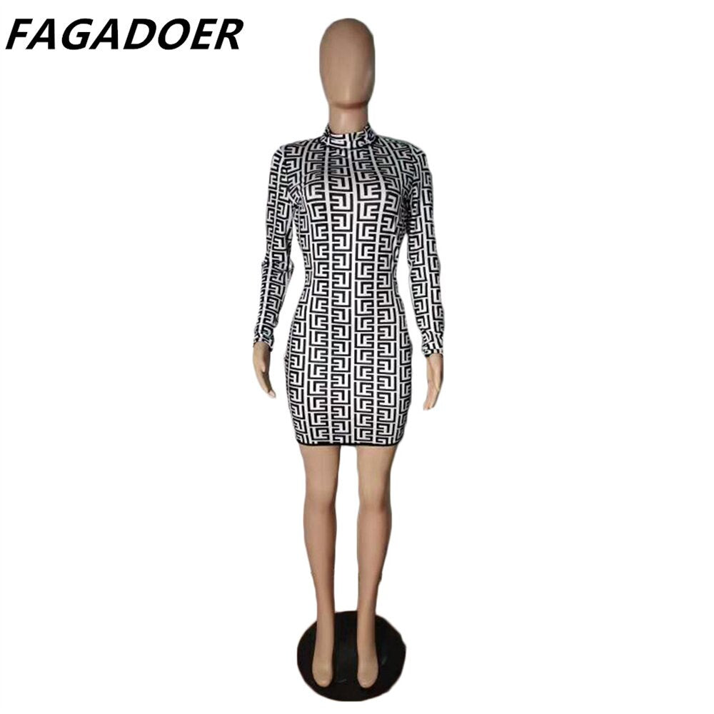 FAGADOER Women Two Piece Set Geometic Print Black Bodycon Shorts Sets Long Sleeve Crop Top Pants Sets Street Fashion Outfits