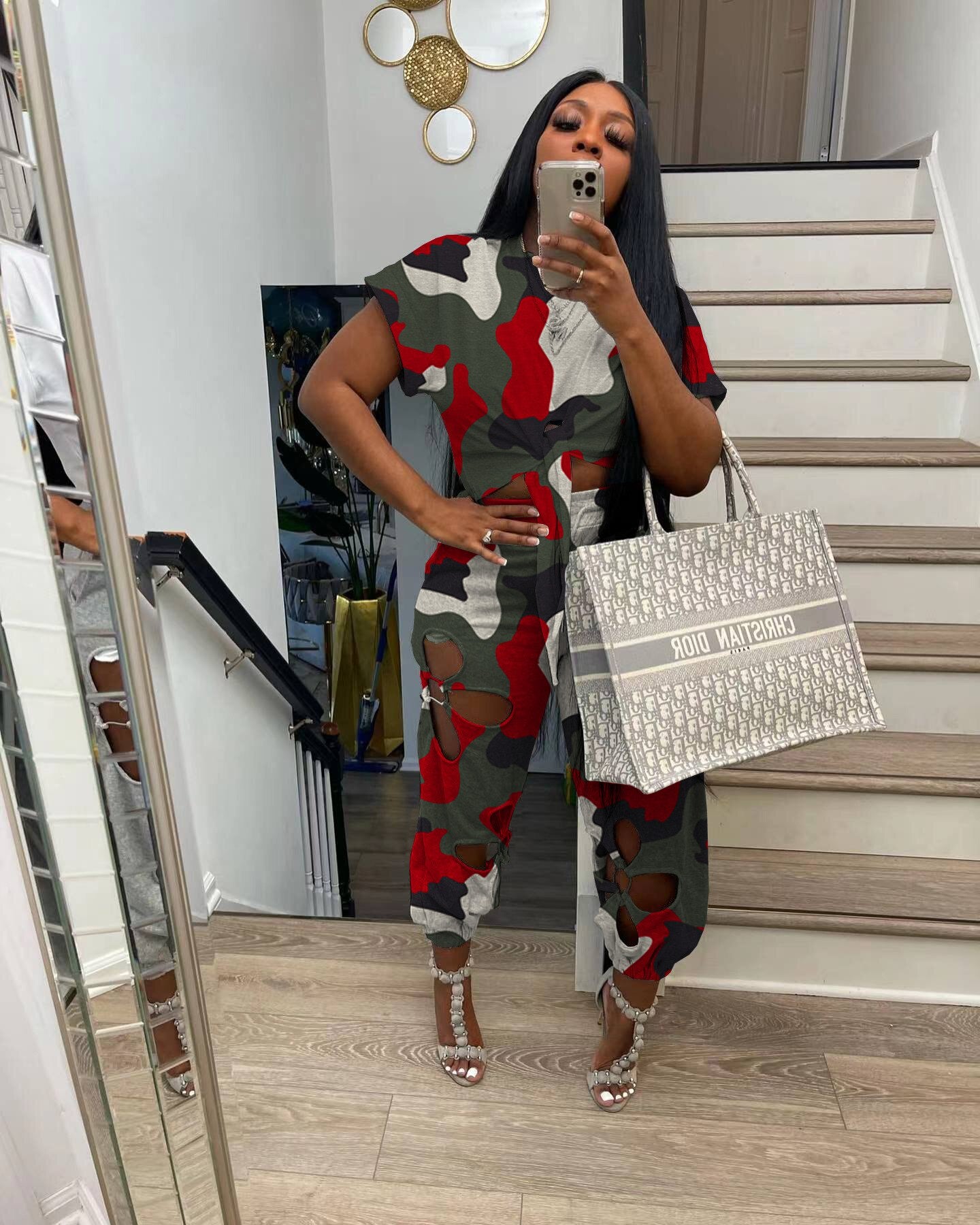 Women Pant Sets Casual Suits Camouflage Short Sleeve Tie Front Crop Top T Shirt &amp; Hollow Out Pants Sets Women Two Piece Suit