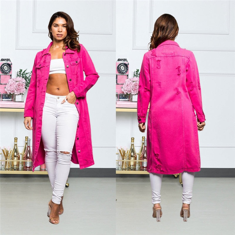 2021 New Arrive Fashion Sexy Hole Cotton Long Denim Jacket Trench Coat Cardigan Jeans Cape for Women Loose Long Sleeve Coat Ddlg
