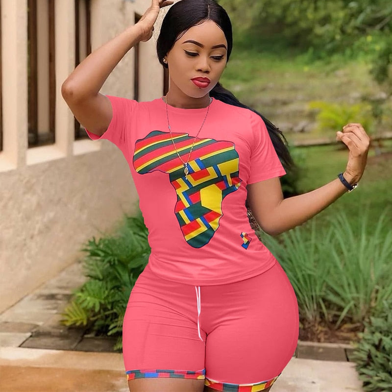 Summer 2 Piece Matching Set Women Tracksuit Map Print Short Sleeve Slim Fit Top Bodycon Short Sweat Suit Lounge Wear Outfits