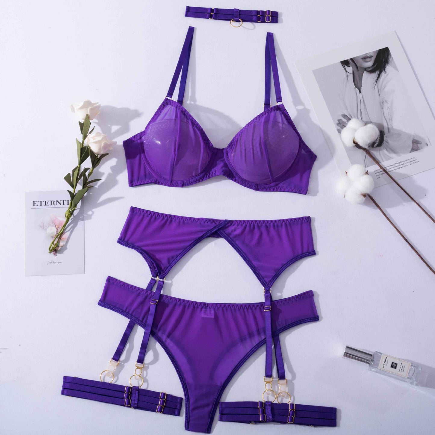 4 Pieces Set Woman Sexy Lingerie Erotic Underwear Bra Garters Brief Sets Transparent Lace Seamless Blue Ladies Panties Thong