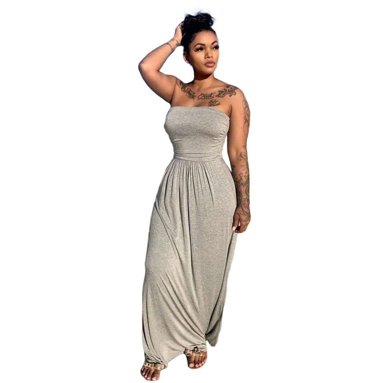Women Casual Strapless High Waist Loose Hem Maxi Dress for Streetwear Beach Sexy Summer Floor Length Long Dresses