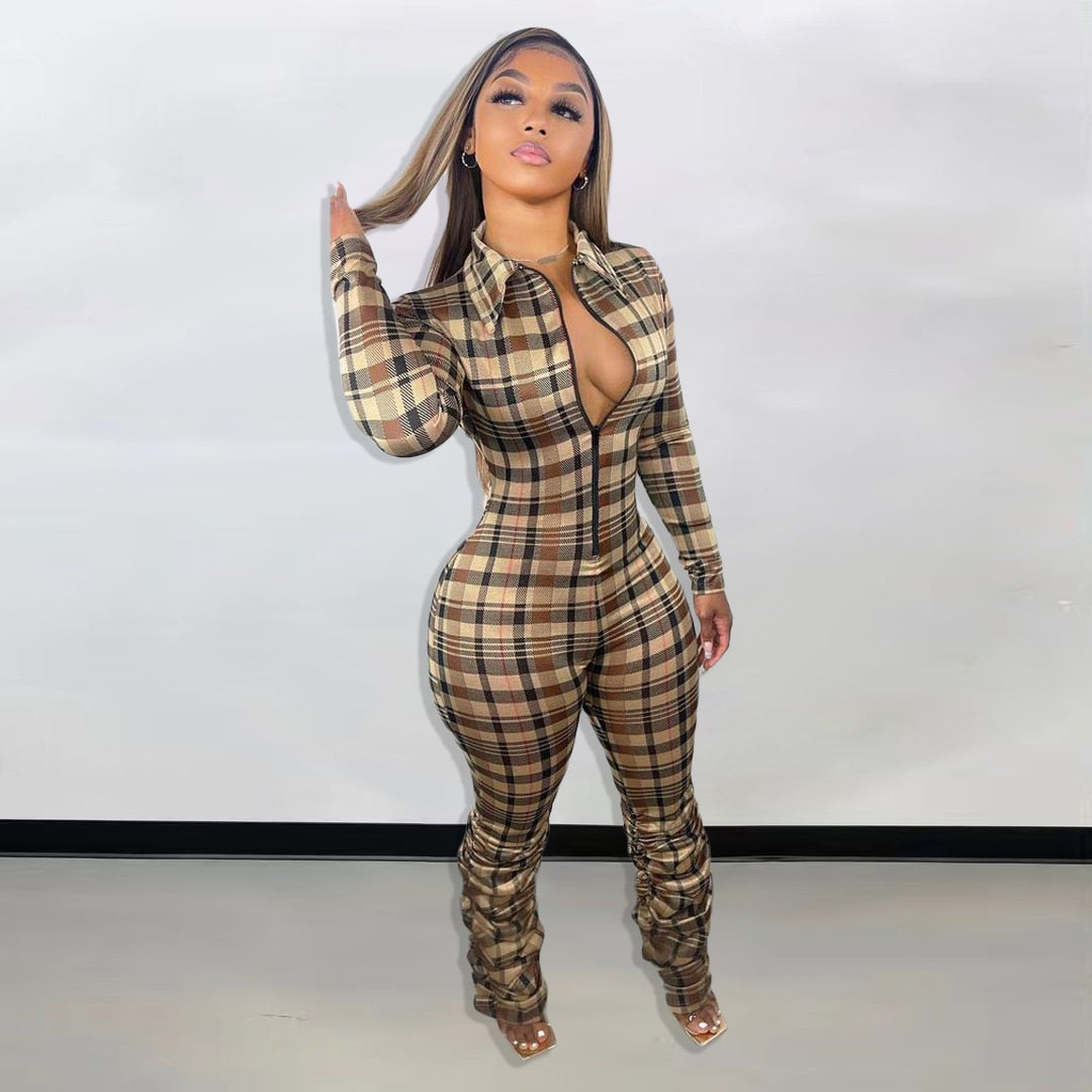2022 Jumpsuit Women Slim Fit Zipper V Neck Sexy Fashion Plaid Bodysuit Spring Outdoor Sportswear Club Romper Pleated Pants