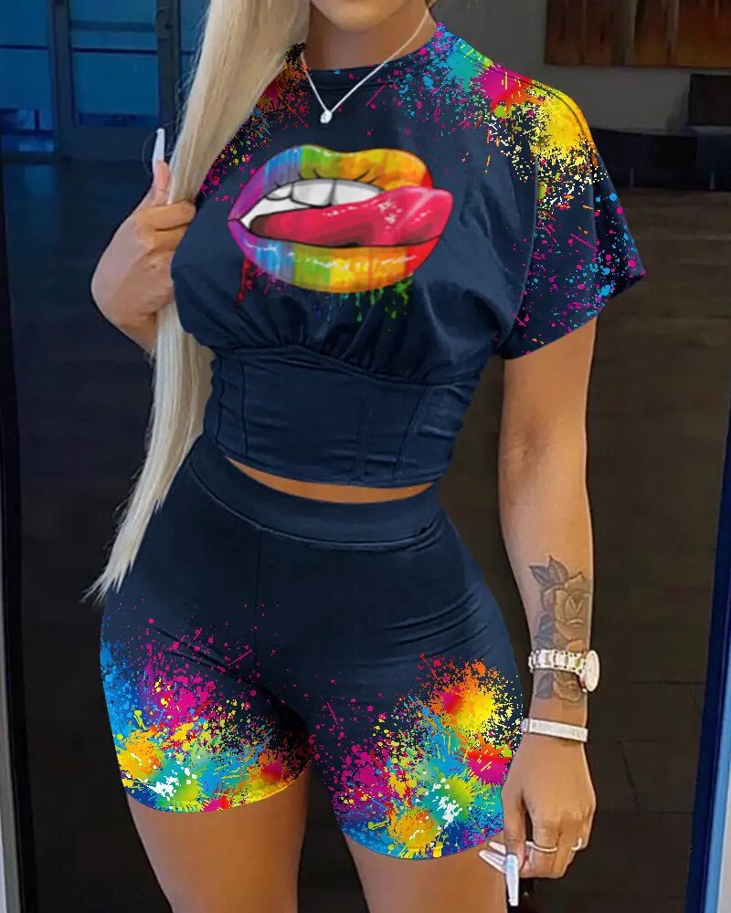 Summer Street Two Piece Set Women Streetwear Outfits Print Tshirt Biker Shorts sets Female Two Piece Suit Women Matching Sets