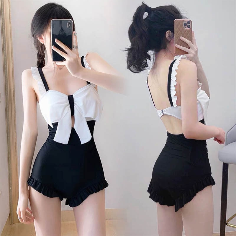 2022 New Women's Swim Suit One-Piece Ruffled Swim Wear Bow Backless Beach Jump Suits for Women Black White Conservative Swimwear
