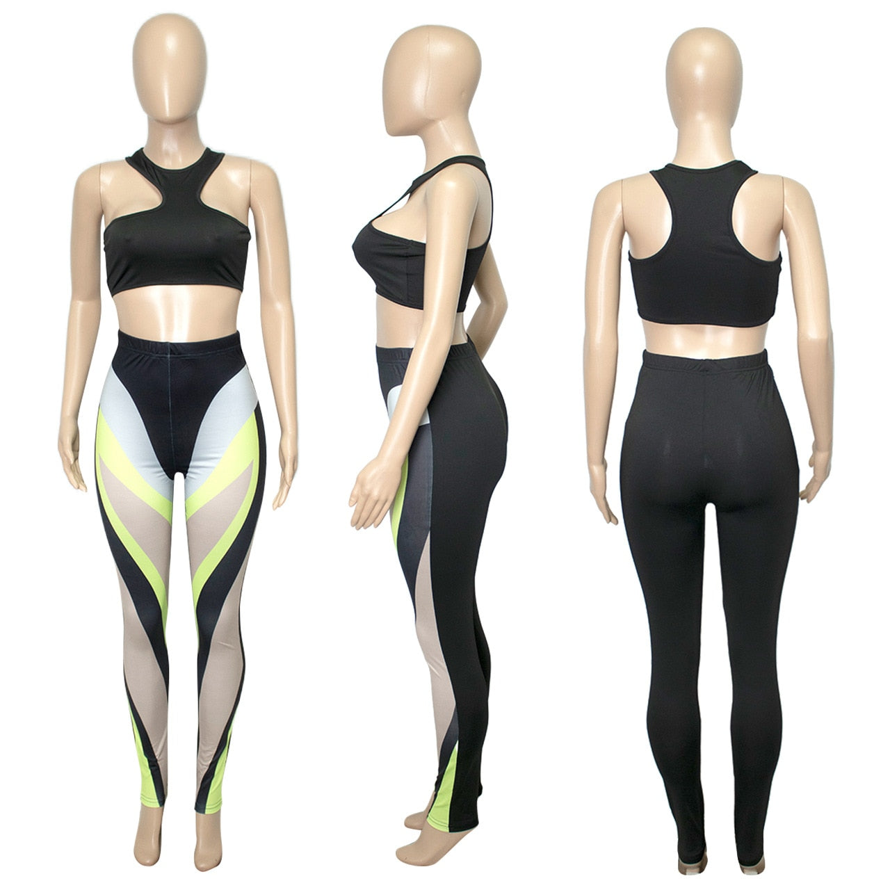 Color Block Summer 2 Piece Set Outfits Sexy One Shoulder Sleeveless Crop Top + Push Up Leggings Skinny Club Matching Set Sport