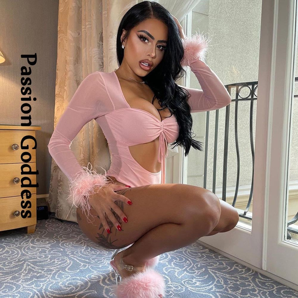 Sexy Women Cute Feathers Bodysuits Pink Fur Sleelve Drawstring Rompers Outfits Hollow Out Mesh Bodysuit Party Nightclub Overalls