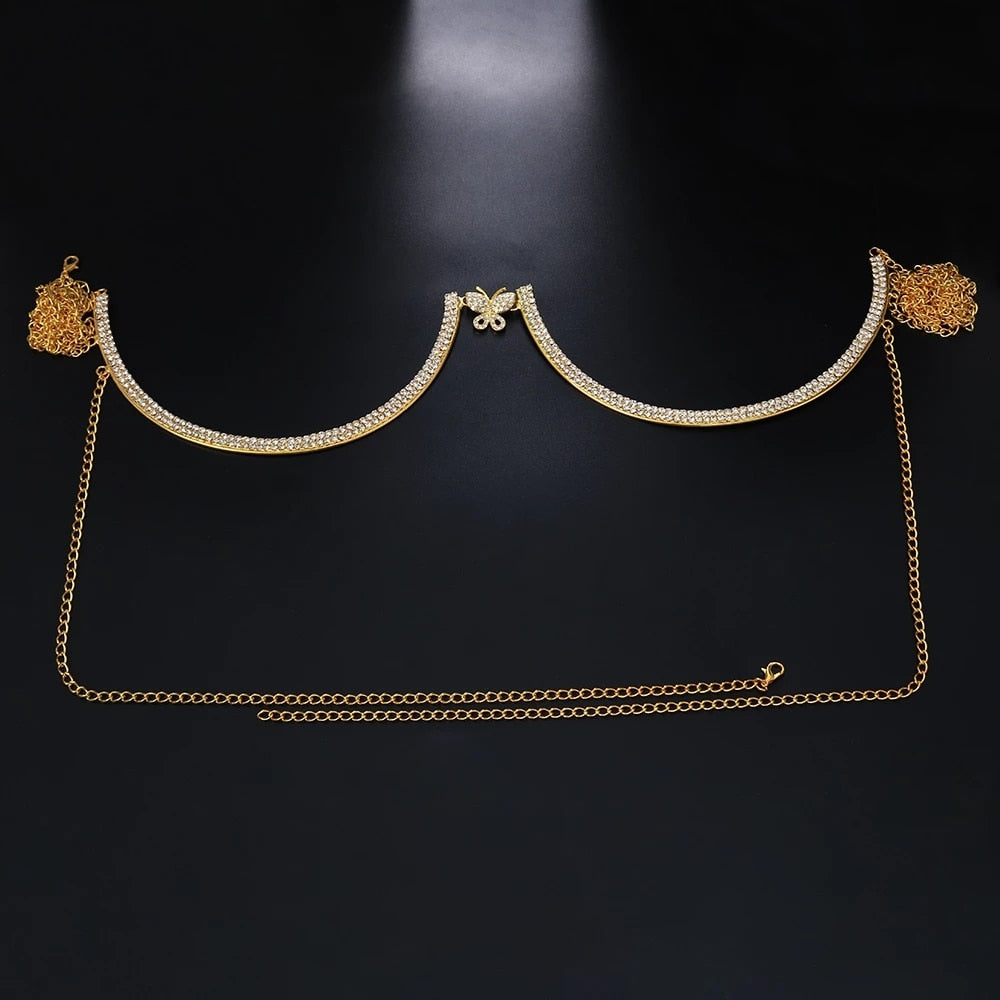 Stonefans Zircon Butterfly Tassel Breast Chain Women's Accessories Bra Top Fashion New U-shaped Sexy Shiny Rhinestone Body Chain